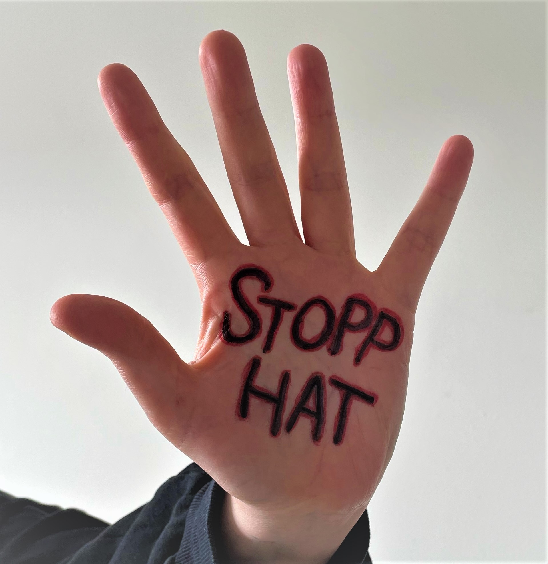 Lyshudet hånd opp mot hvit bakgrunn med ordene "stopp hat" skrevet i håndflata med svart og rød tusj.